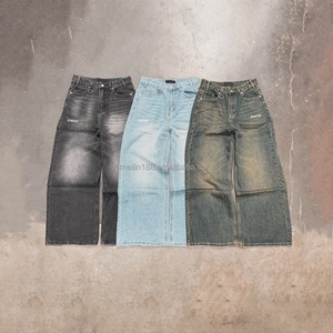 Jeans streetwear personnalisés pour hommes, coupe oversize, denim épais, délavage vintage, jambe large, style baggy - Product Image 1