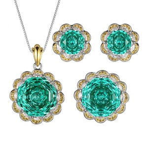 Fashion Eco-friendly 16-10mm Green Zircon Rose Gold Pendant <b>Earrings</b> Ring Set Copper Classy Jewelry Sets for Women - Product Image 1