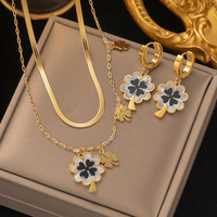 Nouvel Ensemble de Bijoux Haut de Gamme en Acier Inoxydable Collier et Boucles d'Oreilles Motif Végétal Coloré à l'Huile, Vente en Gros pour Femmes
