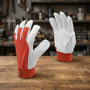 JNA GROUP Leather Work <b>Gloves</b> White <b>Red</b> Knit Wrist Anti-Slip General Purpose Abrasion Resistant Fingertips 7 oz 10 Inch - Product Image 4