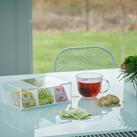Boîte de rangement pour sachets de thé en acrylique de luxe avec couvercle, 4 compartiments, boîte à thé dorée avec inscription 'Tea', présentoir pour comptoirs de cuisine