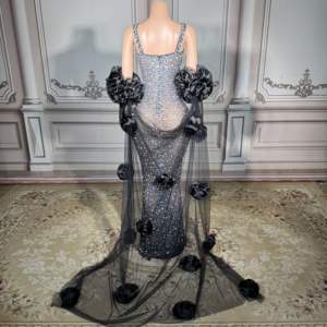 ZD 闪亮水晶装饰透明舞会礼服黑色花卉手套正式派对礼服 - Product Image 2