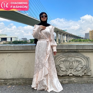 6572# Pretty Small Flowers Print V Neck Long Pleated Elastic Sleeves Special Bottom Fashion <b>Dress</b> Satin Material - Product Image 1