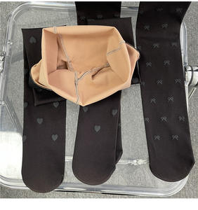 Collants/collants pour femmes avec nœud en forme de cœur imprimé épais en velours double couche de couleur chair pour l'hiver - Product Image 2