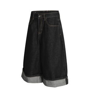 <span class=keywords><strong>Jeans</strong></span> da <span class=keywords><strong>Uomo</strong></span> Neri Lavati Stile Americano High Street, Gamba Dritta, Vestibilità Larga, Taglio Corto, Denim Originale di Alta Qualità, Vendita all'Ingrosso - Product Image 2