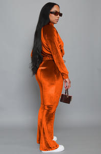 时尚天鹅绒夹克和喇叭裤两件套女性定制天鹅绒慢跑者运动服两件套套装 - Product Image 2