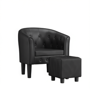 <b>Black</b> Faux Leather <b>Tub</b> <b>Chair</b> With Tufted Back And Ottoman Contemporary Living Room Furniture - Product Image 1