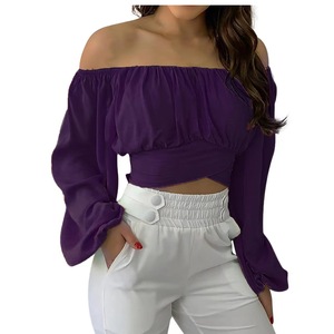 King Mcgreen Star <span class=keywords><strong>Camiseta</strong></span> de <span class=keywords><strong>manga</strong></span> <span class=keywords><strong>larga</strong></span> Sexy fuera del hombro Bodycon mujeres Streetwear Crop Tops verano sólido elegante camisetas - Product Image 3