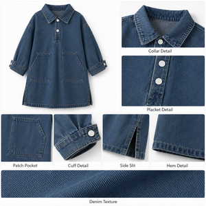 Abito in denim da <span class=keywords><strong>bambina</strong></span> 2026 a maniche lunghe con colletto polo, vestibilità ampia, bottoni frontali, tasche, in denim lavato, casual autunnale per bambini - Product Image 4