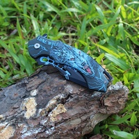 Vente en gros de couteau pliant à motif de loup 3D, manche en aluminium, couteau tactique EDC de poche pour le camping en plein air et la survie