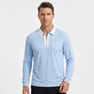 Men's Light <b>Blue</b> Long Sleeve Knitted <b>Polo</b> <b>Shirt</b> With Chest Pocket Casual Style Breathable Solid Color Regular Fit Bangladesh - Product Image 1