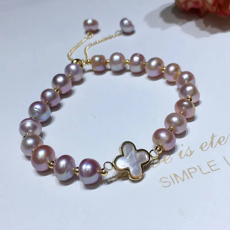 Nouveau Quatre Feuilles Fleur Trèfle Bracelets 7-8 MM Naturel Perle D'eau Douce Perles Gland Femmes Fille Perle Bracelet