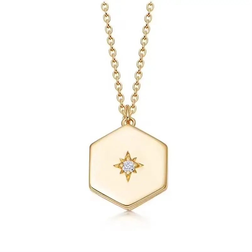 Kalung liontin geometris batu CZ desain baru kalung bintang perak Sterling 925 lapis emas 18k perhiasan wanita
