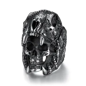 Customized gothic stainless steel antique silver animal man skull ring domineering big heavy hop bikers band jewelry gift