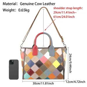 Sac fourre-tout en cuir véritable AndoBag, grande capacité, sacs bandoulière à carreaux avec surpiqûres colorées, sac à main vintage pour femmes 1820 - Product Image 3