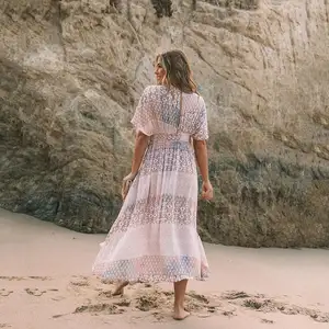 2023 Frauen Badeanzug Cover Up Ärmel Kaftan Beach Tunika Kleid Robe De Plage Print Baumwolle Pareo High Collar Beach wear