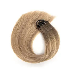 人类处女束头发平轨俄罗斯100% 雷米双拉编织100克隐形皮肤聚氨酯机头发纬纱