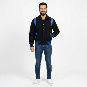 Elegant Varsity Jacket <b>Leather</b> Sleeves Wool Material Snap Fastening Ribbed Hem Casual Campus Outerwear OEM ODM Wholesale - Product Image 1