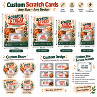 Cartes de récompense à gratter personnalisées avec impression couleur, format et forme sur mesure, revêtement argenté, pour café