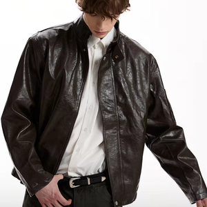 YACHEN 高品质男女通用复古奢华时尚短立领街头风格棕色 PU 皮革涂层冬季飞行员夹克 - Product Image 2