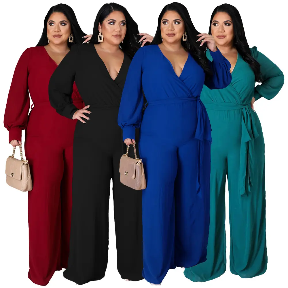 Fabriek Groothandel Dames Sets Losse Temperament Herfst Rechte Been Effen Ceintuur V-Hals Plus Size Jumpsuit Voor Dames 2023