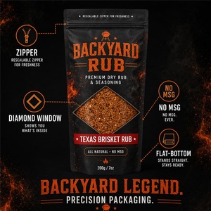 Bolsas personalizadas impresas para especias con cierre y ventana, negras mate y naranjas, para empaque de condimentos BBQ, para la marca Pitmaster OEM, 100g, 200g, 400g - Product Image 5