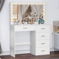 Bureau de maquillage blanc à éclairage réglable Grand miroir Prise de courant pour armoire à 5 tiroirs