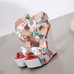 2024 European and American T-table Show Silk Print Slope Heel Comfortable <b>Sandals</b> Colorful Wedge Heel High-heeled Shoes - Product Image 1