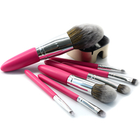 JLY Ensemble de 7 pinceaux de maquillage professionnels avec manche rose rouge pour poudre, blush et fard à paupières