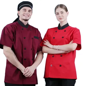 Unisex Rode Korte Mouwen Double Breasted Chef Jas Uniform