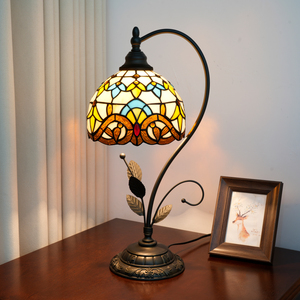 Lámparas Tiffany al por Mayor, Lámpara de Mesa de Vidrio Estilo Barroco de 8 Pulgadas con Base de Hojas, Iluminación Decorativa para Sala de Estar y Restaurante - Product Image 1