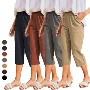 Fabriekslevering Vrouwen Katoenen Elastische Zomer Ademende Patched Taille Capri Broek Casual Effen Veelzijdige Broek Met Zakken