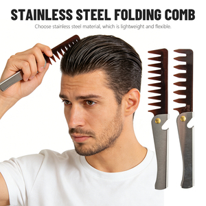 Peine de acero inoxidable plegable de dientes anchos para peinado <span class=keywords><strong>pompadour</strong></span> y slick back, ideal para barbería y cuidado personal masculino. - Product Image 2