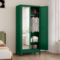 Armoire de rangement métallique en stock avec porte miroir, vert foncé, pour chambre et couloir, penderie extensible en fer