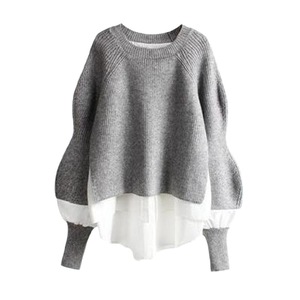 Suéter de punto para mujer con efecto de dos piezas (pullover + camisa), cuello redondo, manga abullonada, estilo oversize, informal y de moda. - Product Image 6