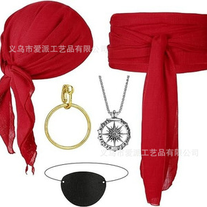 Pirate Costume Set <b>Red</b> Bandana Eyepatch Compass Necklace Waist Scarf Cosplay Accessory Women's Party Outfit - Product Image 1
