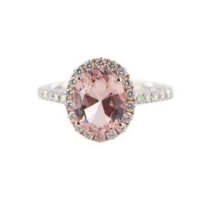 Handmade special design engagement ring 7*9mm oval morganite stone ring Au 585 white & rose gold halo moissanite ring