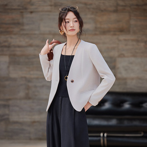Women's Collarless Blazer Solid Color Polyester Anti-Wrinkle Short Suit Jacket For Spring Autumn Professional Casual Wear - Product Image 3