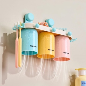 Support mural mignon pour brosses à dents et gobelets de bain de bouche à ventouse continue, gobelets de bain de bouche familiaux - Product Image 1