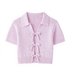 Zevity 2025 Damen Casual Schleifenverzierter Kurzarm-Strickpullover aus Polyester mit Umlegekragen <span class=keywords><strong>Cardigan</strong></span> Mantel Oberteil SW2610 - Product Image 1
