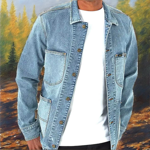 Veste en jean bleu clair pour homme, col rabattu, boutonnée, coupe classique, 100% coton, finition délavée, pour l'automne - Product Image 2