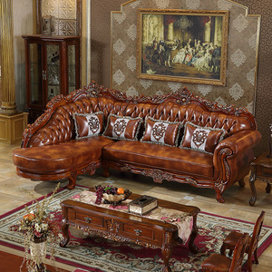 Nuovo Divano in Vera Pelle Stile Europeo, Set di Lusso per Soggiorno con Angolo in Legno Massello, Design Retrò Americano di Alta Gamma - Product Image 3