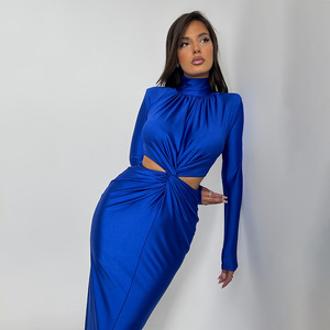 Vestido de Noche Elegante con Cuello Alto y Manga Larga, Estilo Patchwork, Espalda Descubierta y Plisado, Moda de Invierno Europea y Americana - Product Image 2