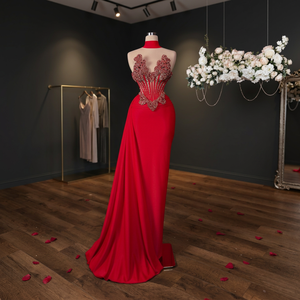 Robe de bal longue en tulle pailleté avec dentelle et motif cristal, corsage en satin perlé, col montant, antistatique, écologique, pour soirée formelle - Product Image 3
