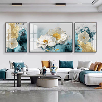 Ensemble de trois tableaux muraux en verre cristal floral or blanc, motifs marguerite et pivoine, pour salon, chambre, hôtel, intérieurs modernes