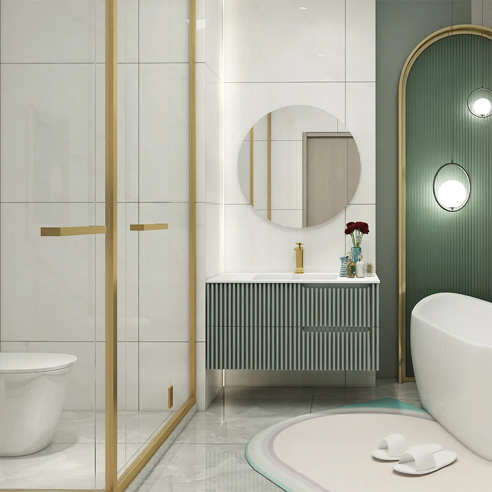 Tocador de baño con acabado de madera de lujo, moderno, para colgar en la pared, con lavabo flotante, conjunto de muebles de baño
