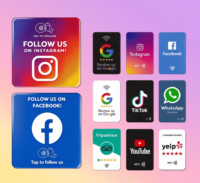 Plaque de contact NFC en acrylique de 12 cm pour avis sociaux (Facebook, Instagram), RFID 13,56 MHz, URL programmable, étanche, avec support et adhésif