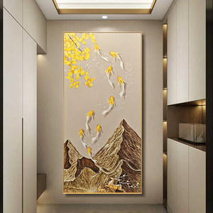 Hand Painted Oil Painting Nine Fish Wealth Mountain Scene 3D Effect Contemporary <b>Art</b> Wall Hanging for Hallway Entryway Decor - Product Image 4