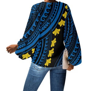 Camicette da <span class=keywords><strong>donna</strong></span> a maniche lunghe personalizzate 2025 Cardigan blu polinesiano giallo tribale motivo floreale top e camicette da <span class=keywords><strong>donna</strong></span> - Product Image 2
