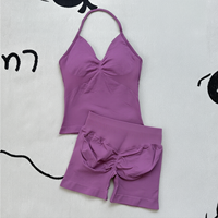 Ensemble de yoga avec soutien-gorge dos nu à col en V profond anti-plis et short plissé, tenue de sport respirante pour le yoga et le fitness, logo personnalisé